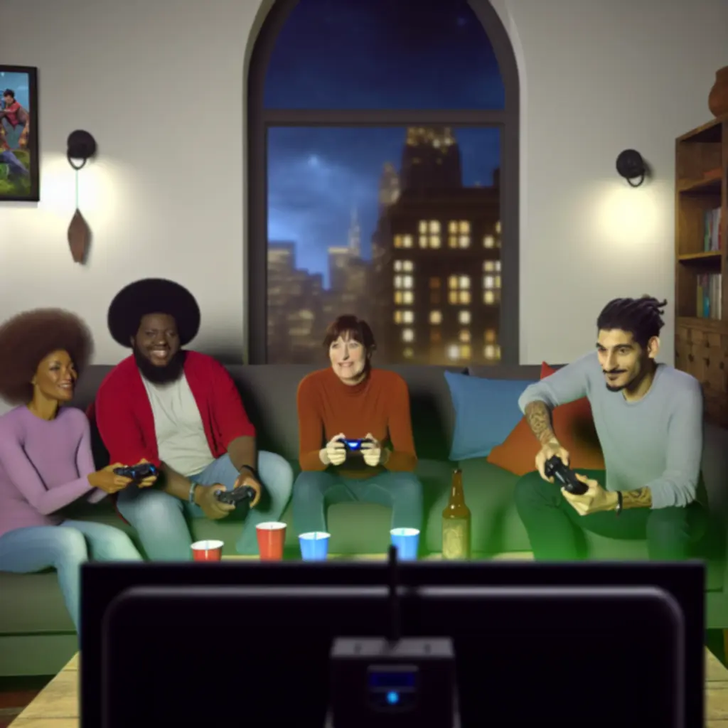 Kolorowa scena rodzinnej i imprezowej rozgrywki w przyjaznych wizualnie grach